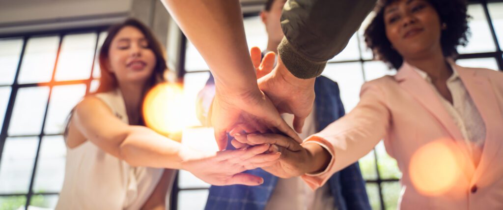 Panoramic Teamwork,empathy,partnership and Social connection in business join hand together concept.Hand of diverse people connecting.Power of volunteer charity work, Stack of people hand.